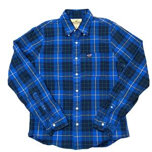 Hollister Mens Plaid Long Sleeve Button Down Shirt Blue‎ Green Yellow XL